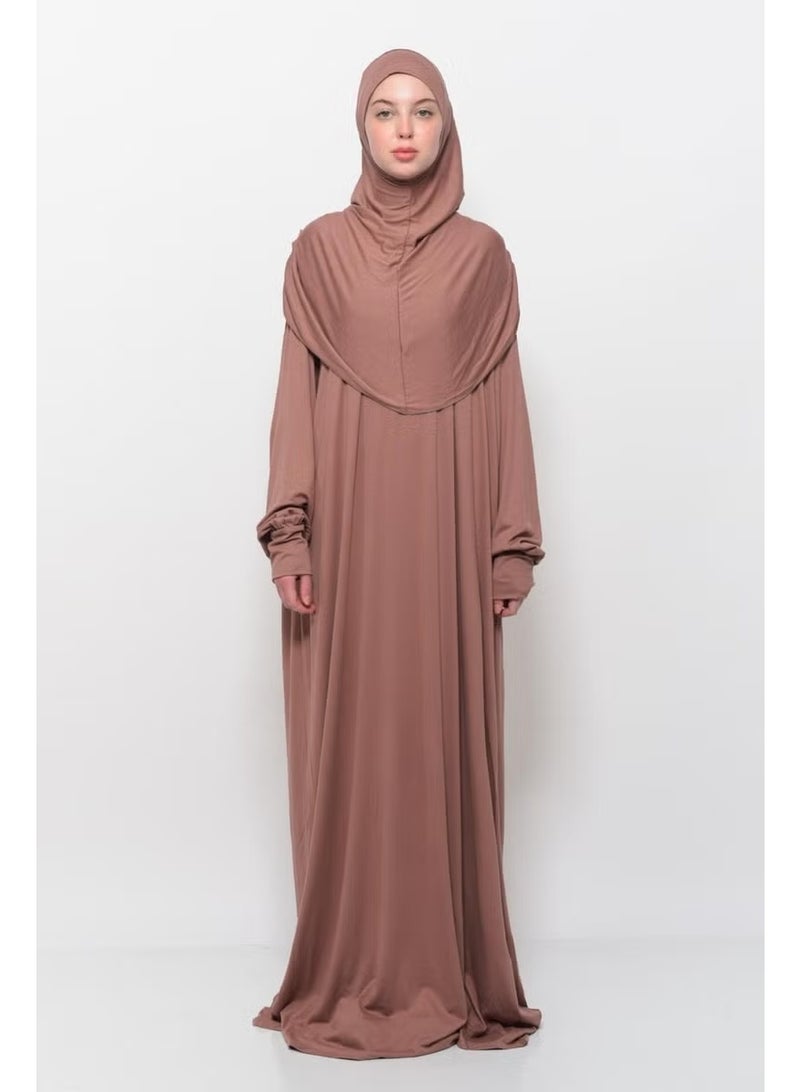 Altobeh Practical One Piece Cotton Bat Sleeves Removable Organic Hijab Prayer Dress with Headscarf - Earthenware - Image 1